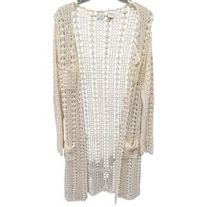 Phosphorus Cream Crochet Knit Longline Cardigan Heart Pointelle Boho‎ Ivory- L